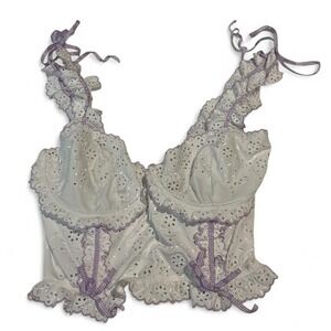 For Love & Lemons Eyelet Corset Top Women 32DD White Purple Excellent Ruffle Bow